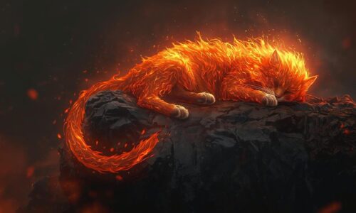 A cat with fur made of living fire, standing on a rock. Sparks fly gently from its tail as it sleeps. illustration
