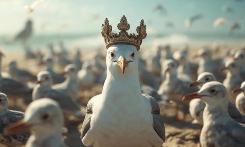 On a beach, a seagull wears a tiny crown made of driftwood and shells. Other birds gather around as if bowing to their king. illustration2